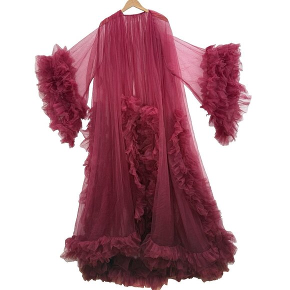 Handmade Maroon Red Mesh Tulle Long Kimono Ruffles OSFM - Picture 1 of 5